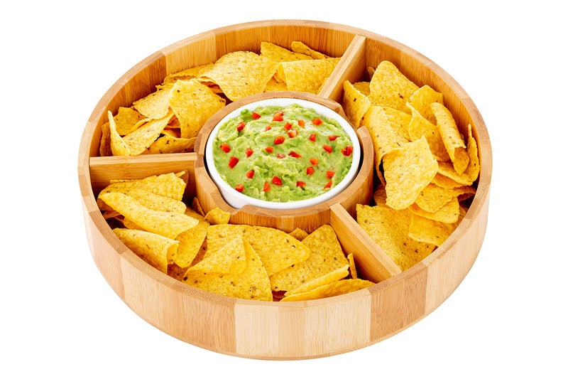 Strova Chip and Dip Serving Bowl â€“ Wooden Appetizer Platter Set with Dip Cup for Salsa, Guacamole, Nacho, Vegetables, Taco Chip, Snacks and More â€“ 12 Inch Diameter. Perfect for the BIG GAMES ! - Image 2